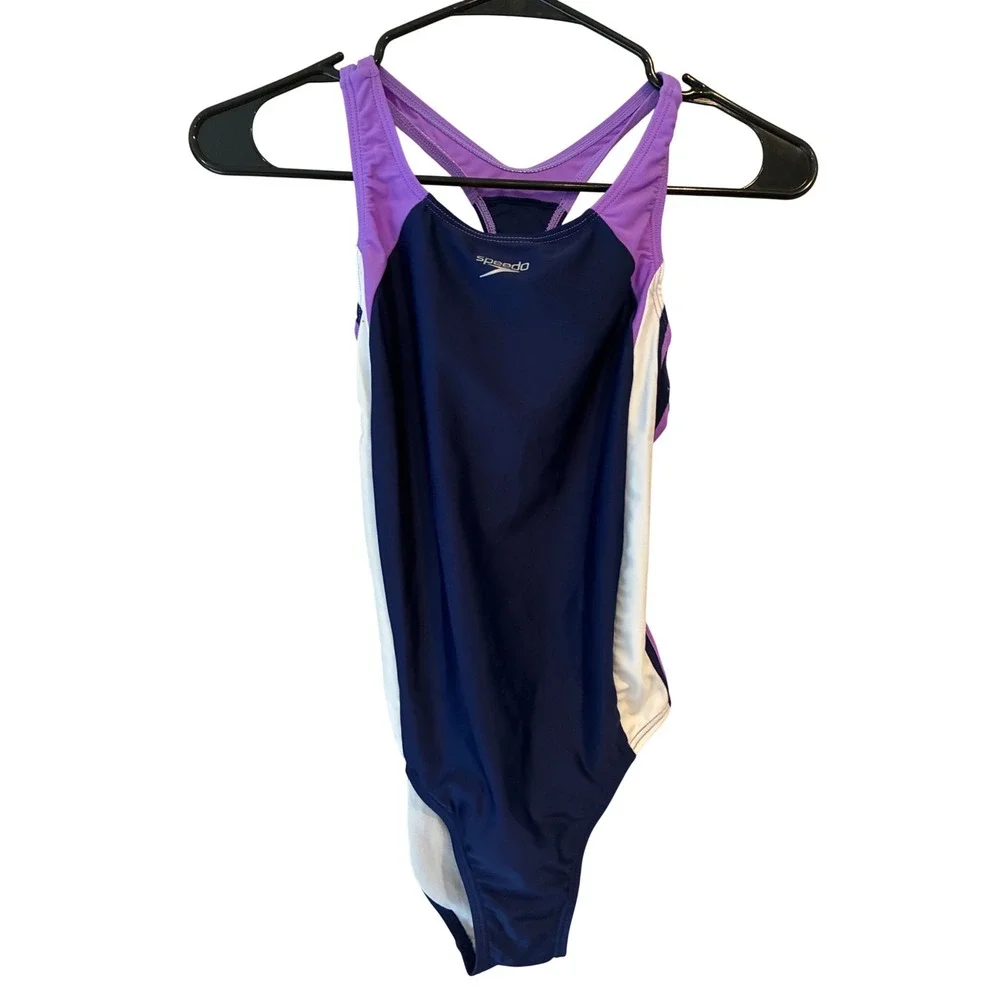 Speedo Girls Size 14 One Piece Swimsuit Navy Purple White Colorblock Racerback